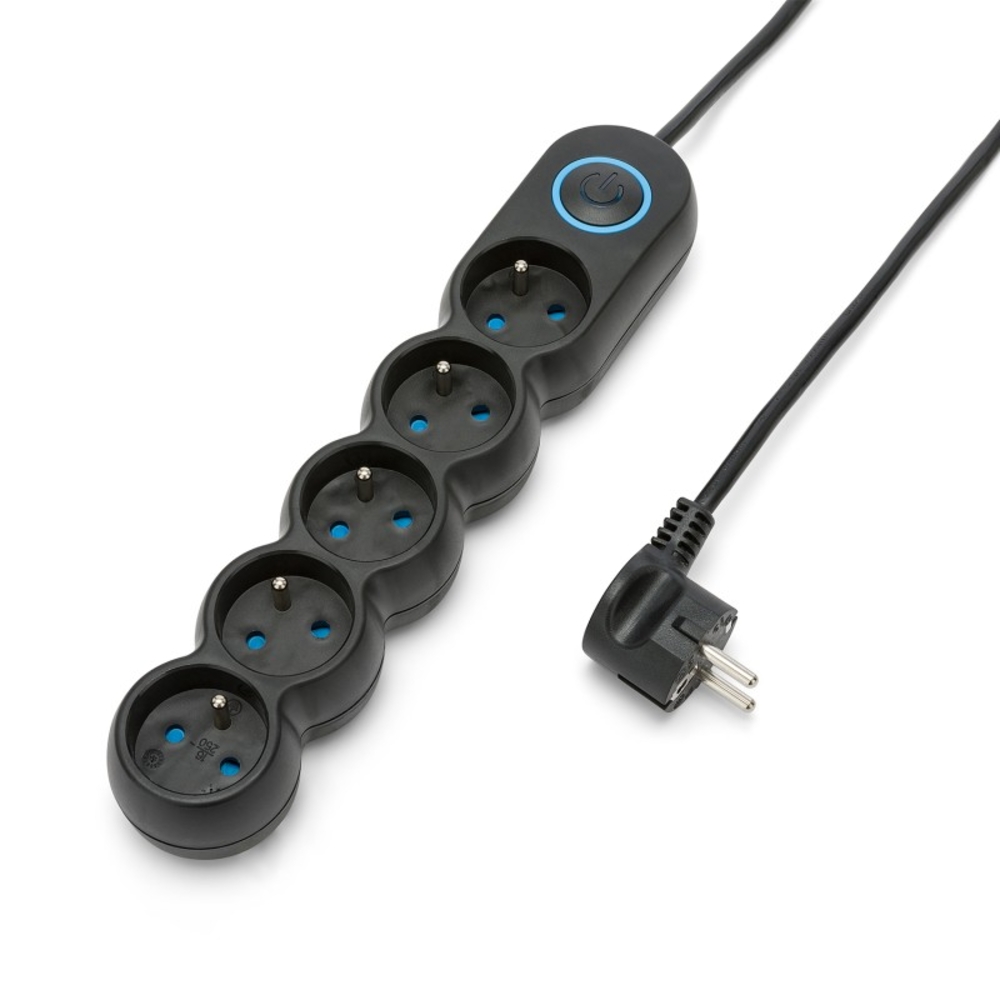 Multiprise noire 5x16A avec interrupteur - câble 1,5m H05VV-F3G1.0MM2 CE & NF - VELAMP - MULTIP-FR-I-5K