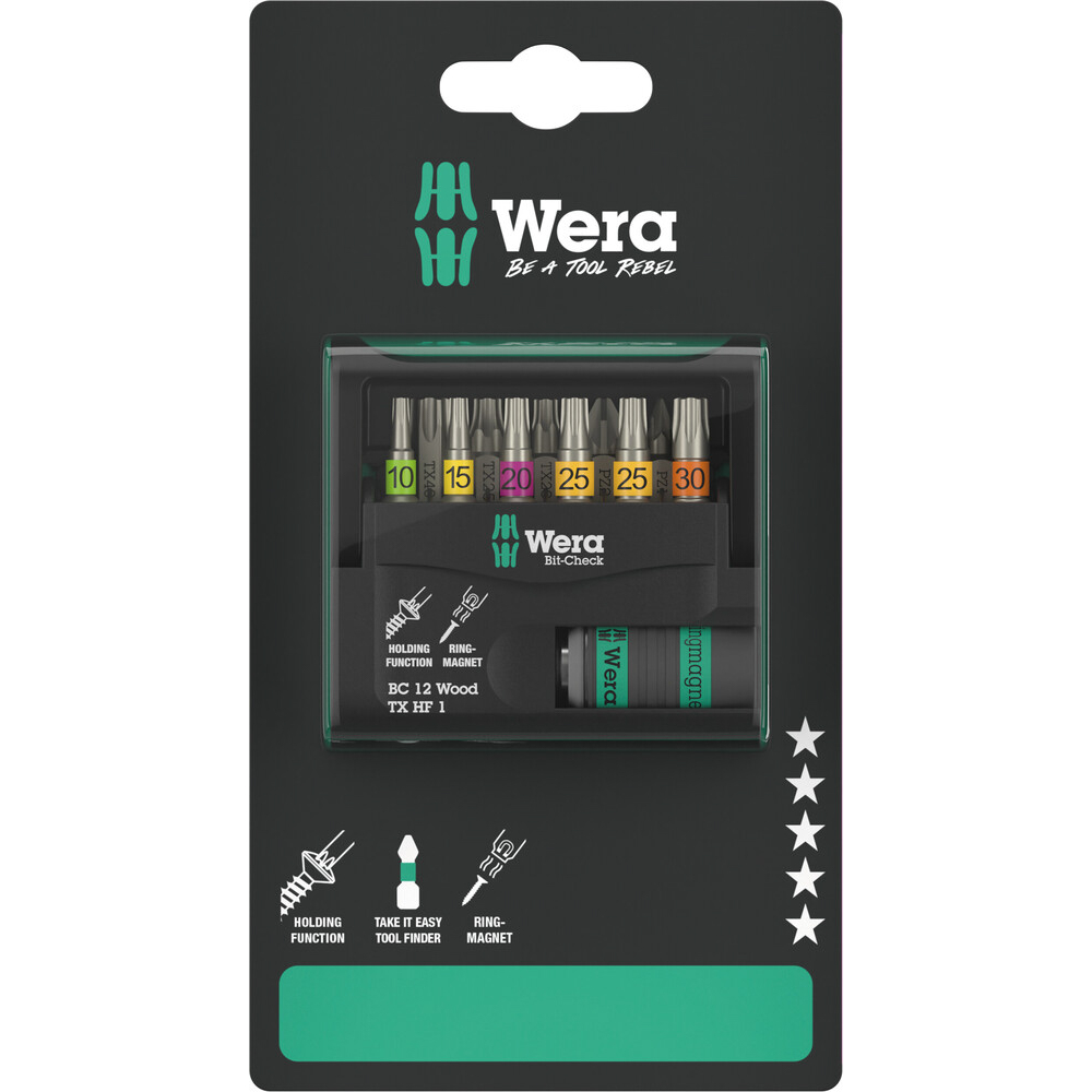 Jeu d'embouts avec porte-embouts Bit-Check 12 Wood TORX HF 1 SB Wera - 05073641001