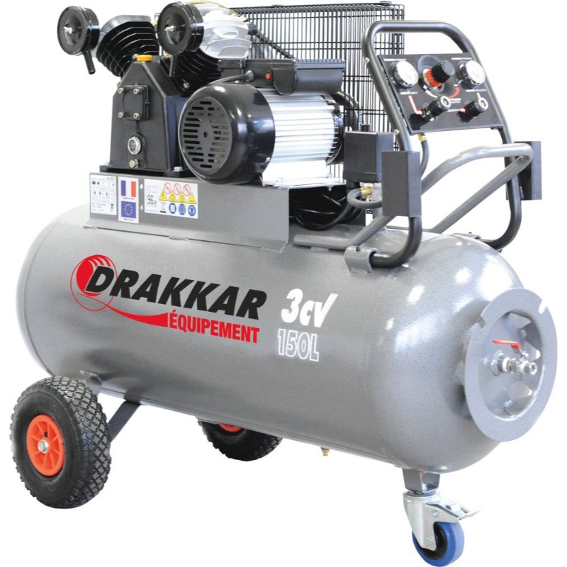 Compresseur à courroie 150L 9 bar 3CV tête en V 230V avec tableau de contrôle DRAKKAR EQUIPEMENT - 11270