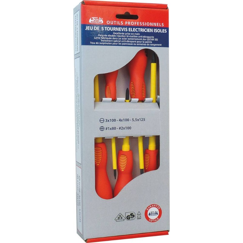 Jeu 5 tournevis electricien isole DRAKKAR TOOLS - 13335