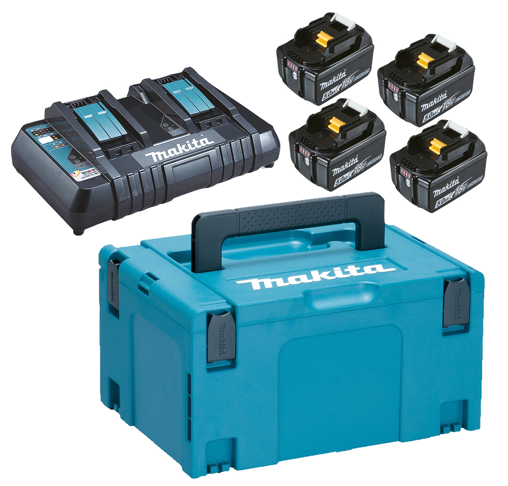 Pack MAKITA Énergie 18 V Li-Ion 4 batteries 5 Ah + 1 chargeur double avec coffret MAKPAC 197626-8