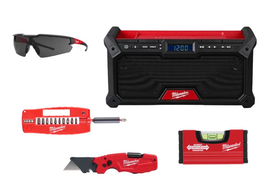 PACK CADEAUX MILWAUKEE ENCEINTE + TOURNEVIS + NIVEAU + LUNETTE + CUTTER