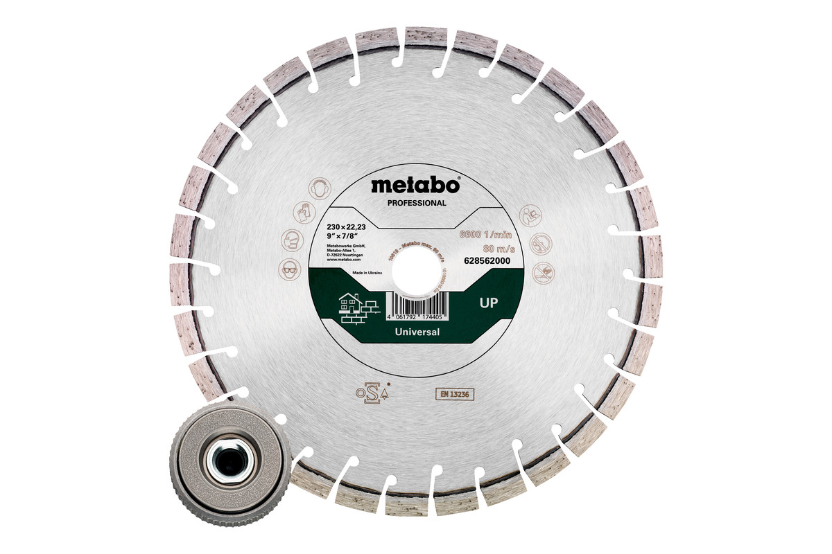 Set : 1 x meule de tronçonnage diamantée 230x22,23mm, « UP » + 1 x écrou de serrage rapide M 14 - METABO - 628583000