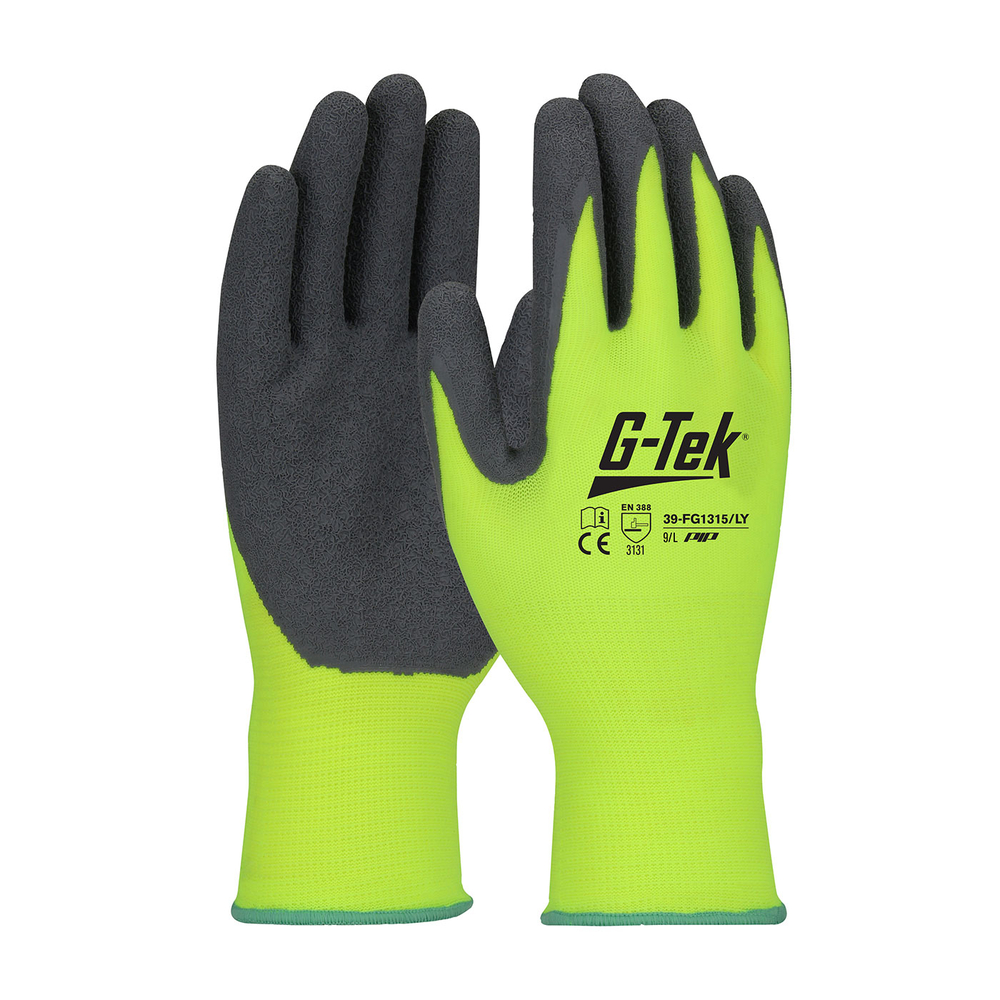 Gants doublure nylon enduction latex crêpé jaune haute visibilité - Lot de 12 - G-TEK - 39-FG1315/LY