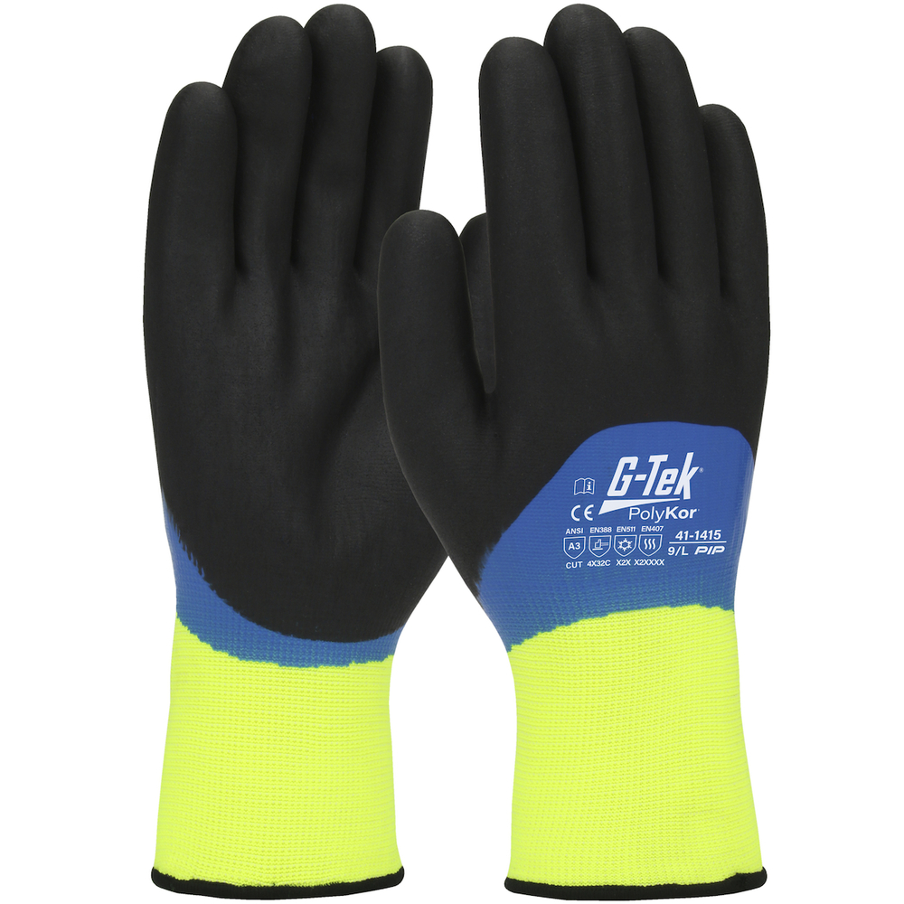 Gants doublure acrylique nitrile mousse PolyKor jaune haute visibilité - Lot de 12 - G-TEK - 41-1415