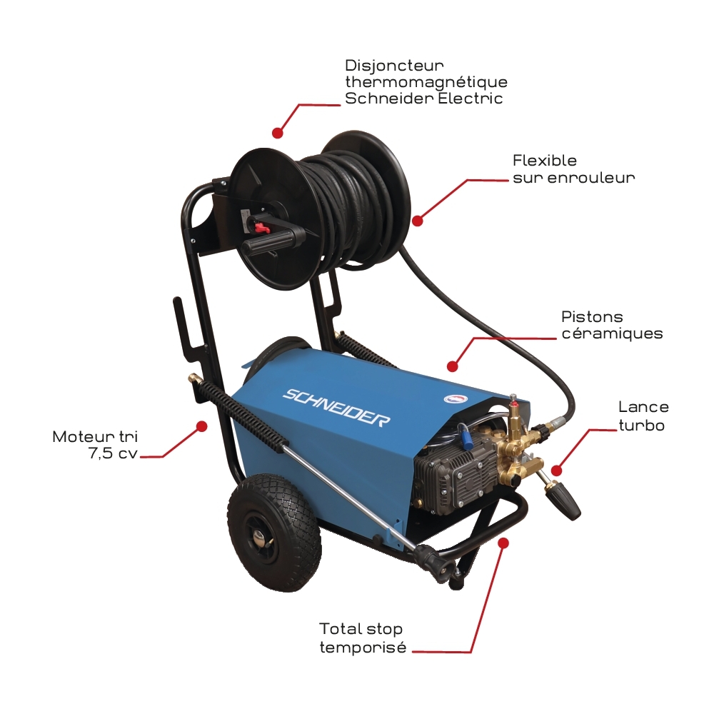 Nettoyeur HP eau froide 380V 21 l/min 150 bar total stop avec enrouleur de flexible 20m et lance turbo - SCHNEIDER NHP - 50078