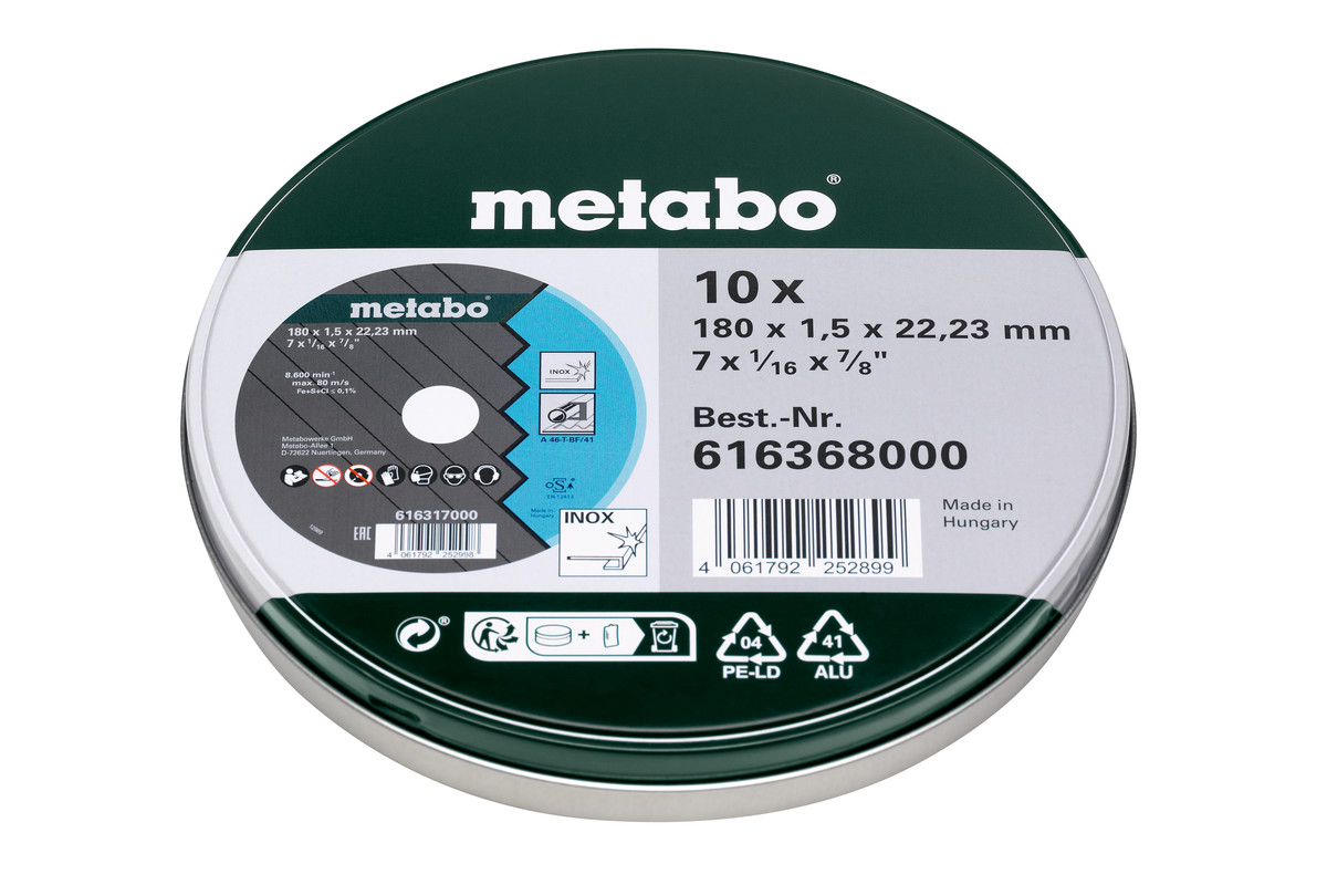 10 meules de tronçonnage 180x1,5x22,23 Inox, TF 41 - METABO - 616368000