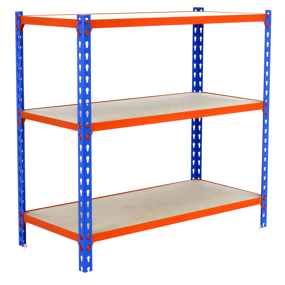 Rayonnage bois-métal léger sans vis 1000x1100x500 - 3 niveaux Bleu/Orange/Bois - SIMON RACK - 8425437086243