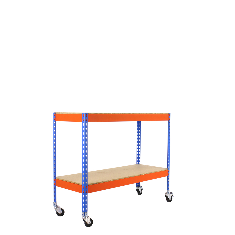 Étagère mobile charge moyenne 75kg - 975x1200x450 - 2 niveaux Bleu/Orange/Bois - SIMON RACK - 8435104957349