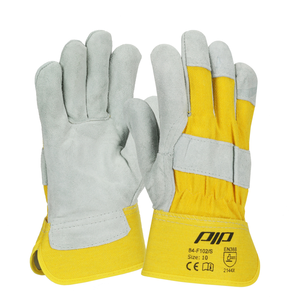 Gants en croûte de cuir avec dos en toile or - Lot de 12 - PIP - 84-F102/S