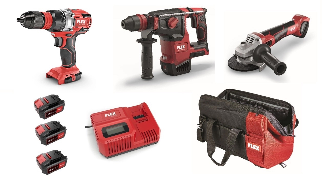Pack FLEX 3 machines meuleuse, perforateur, perceuse 3 batteries + chargeur + sac 921134 