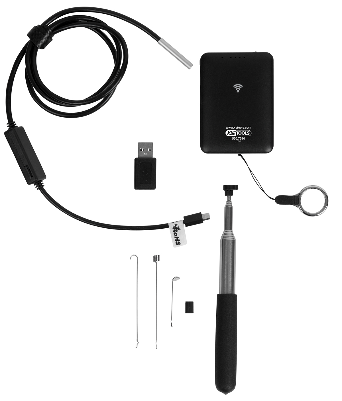 Vidéoscope Wifi avec sonde Diam. 5,5 mm 0° HD, 8 pcs KS TOOLS - 550.7510