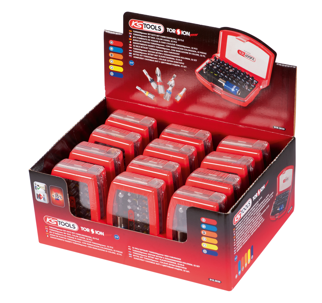 Présentoir de 12 jeux d'embouts de vissage à code couleur TORSIONpower® 1/4'' KS TOOLS - 918.3030D