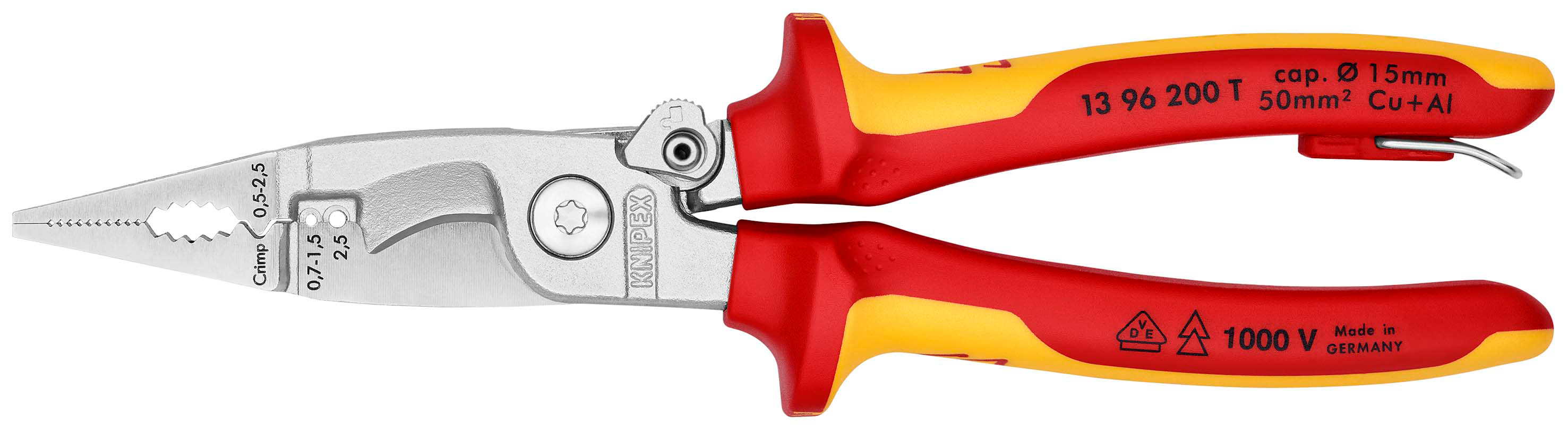 Pince multifonctions électricien isolée 1000V - Avec ressort - Œillet antichute KNIPEX - 1396200TBK