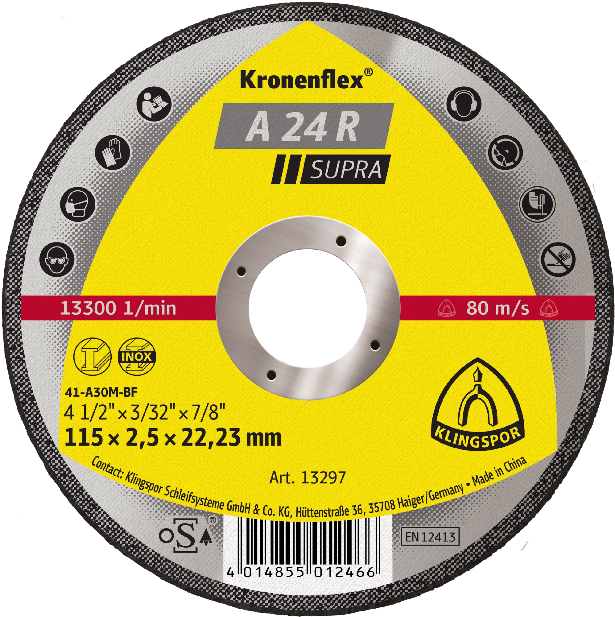 25 Disques à tronçonner KT SUPRA A24R S GER 115X2,5X22,23 KLINGSPOR - 13297