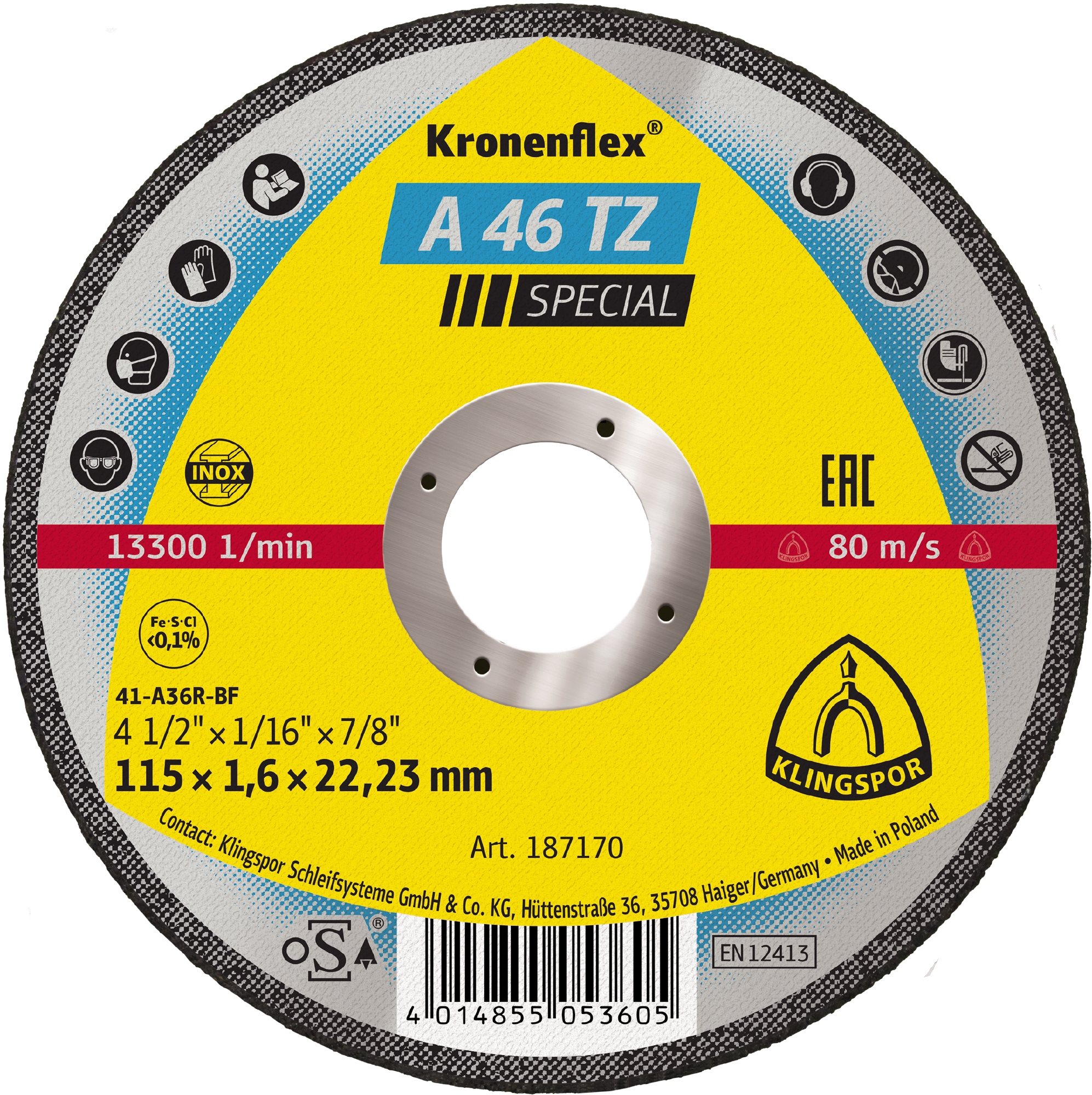 25 Disques à tronçonner KT SPECIAL A46TZ S GER 115X1,6X22,23 KLINGSPOR - 187170
