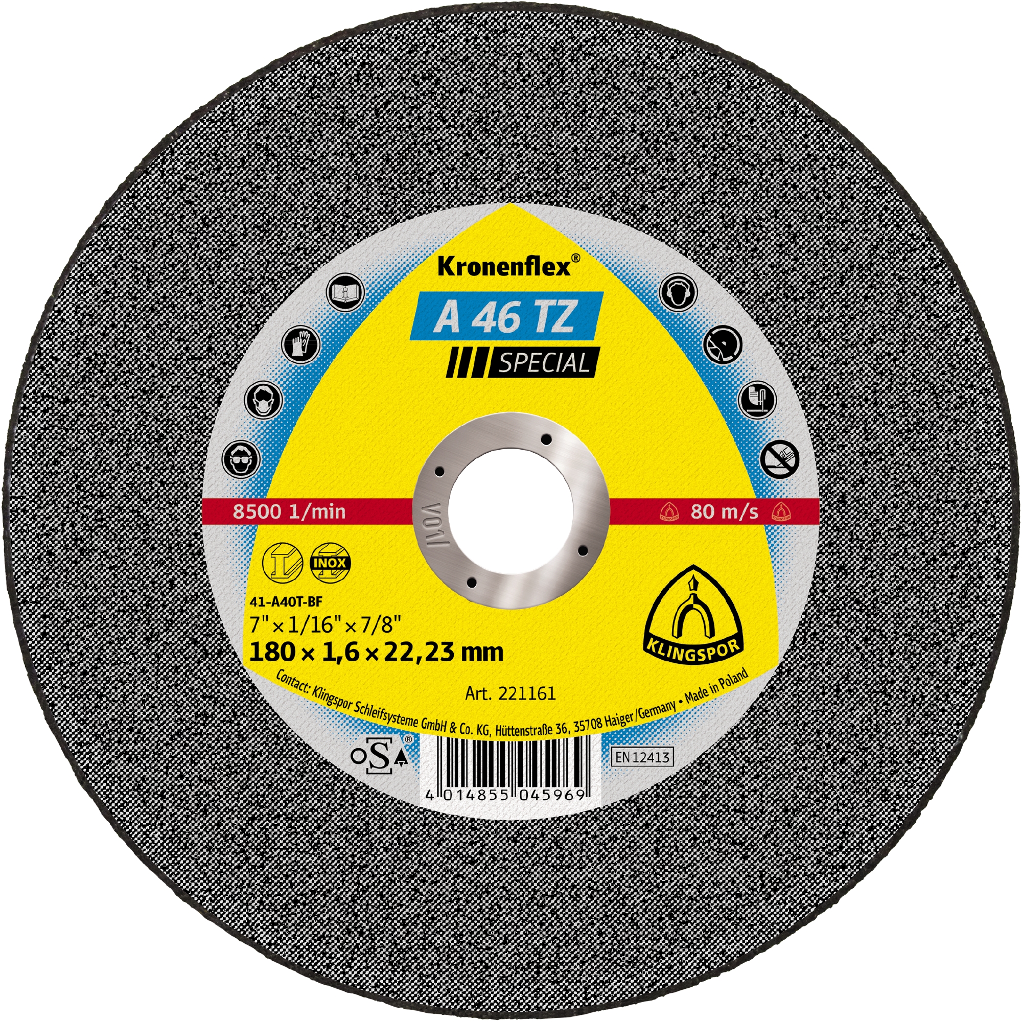 25 Disques à tronçonner KT SPECIAL A46TZ S GER 180X1,6X22,23 KLINGSPOR - 221161