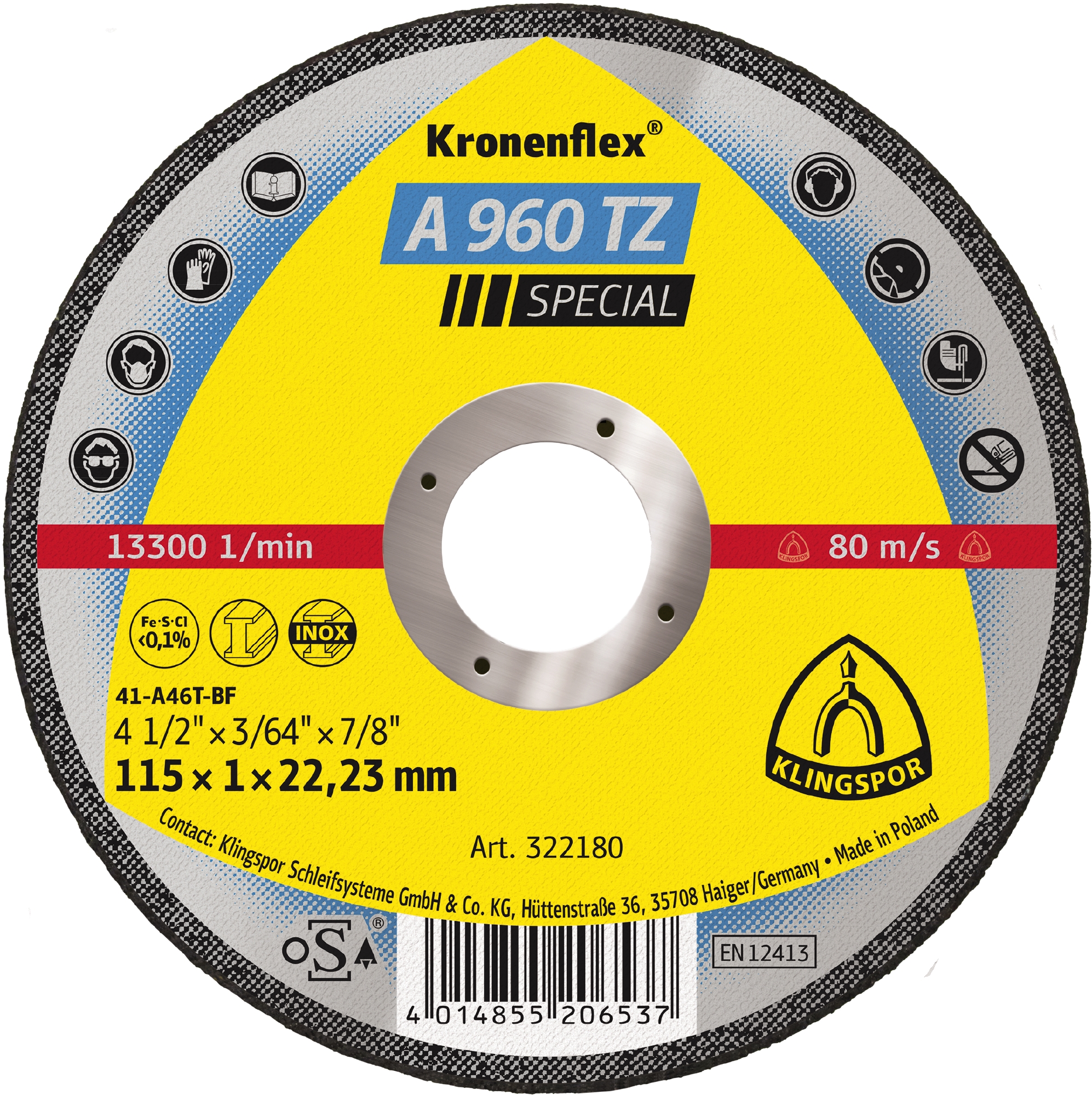 25 Disques à tronçonner KT SPECIAL A960TZ S GER 115X1X22,23 KLINGSPOR - 322180