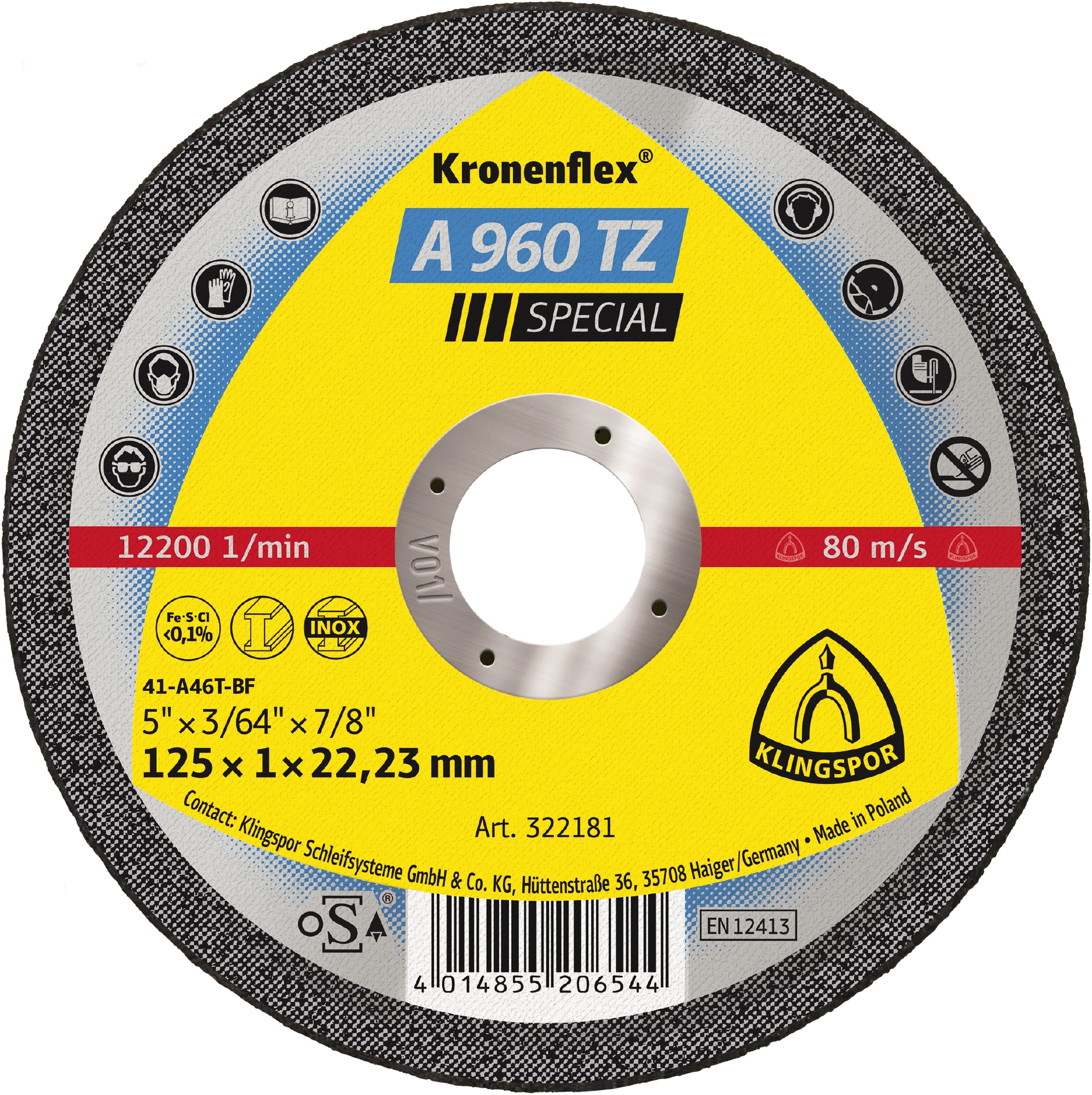 25 Disques à tronçonner KT SPECIAL A960TZ S GER 125X1X22,23 KLINGSPOR - 322181