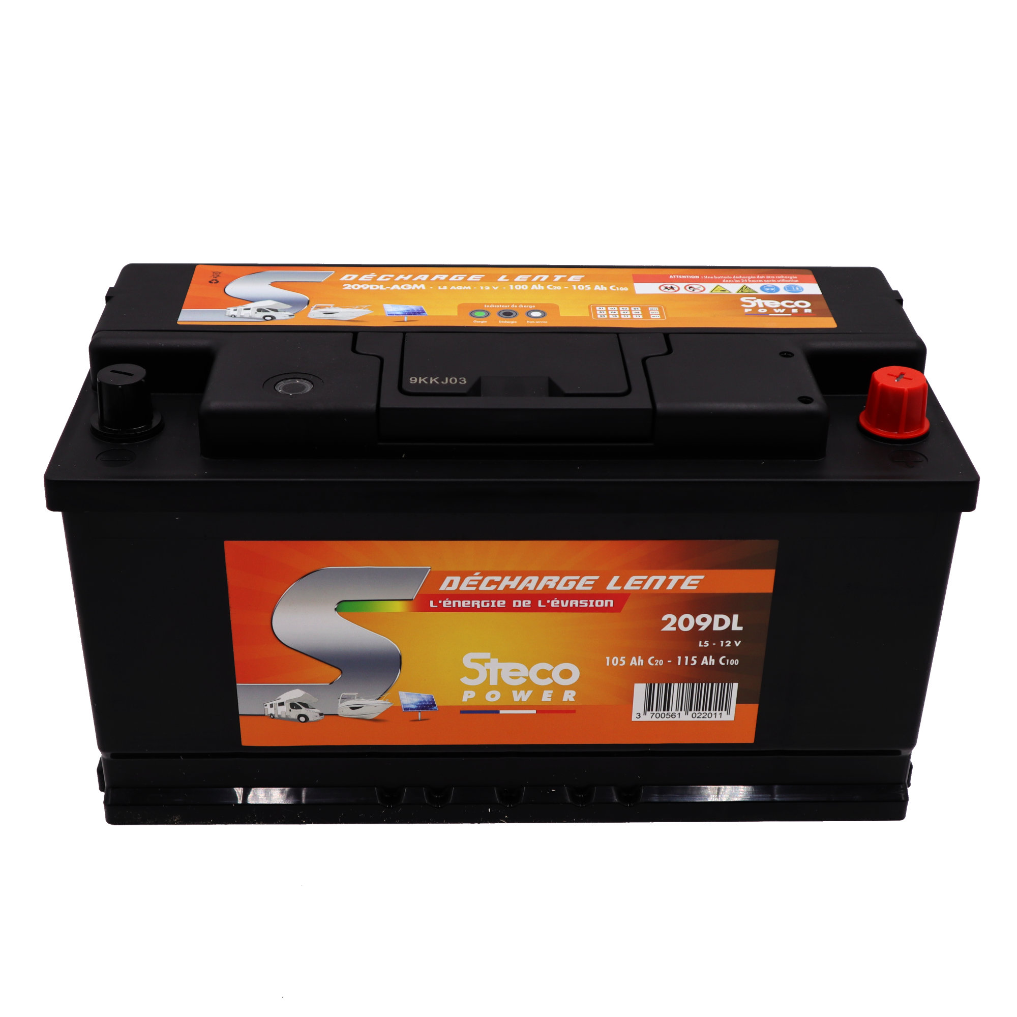 Batterie 12V 105 Ah (20h) - 115 Ah (100h) 354x175x190 mm Décharge Lente  STECOPOWER - 209DL