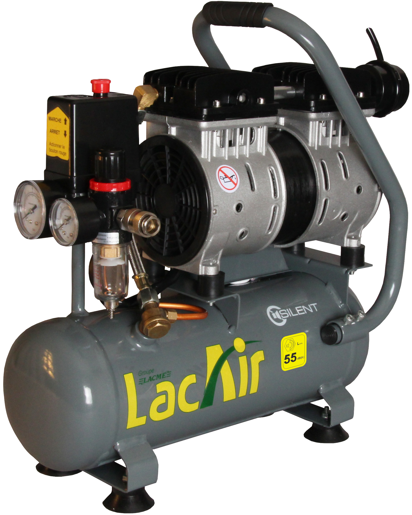 Compresseur silencieux 6 l 0,75 cv 6,2 m³/h LACME Silent 6/6 sh-2 bicylindre - 461900