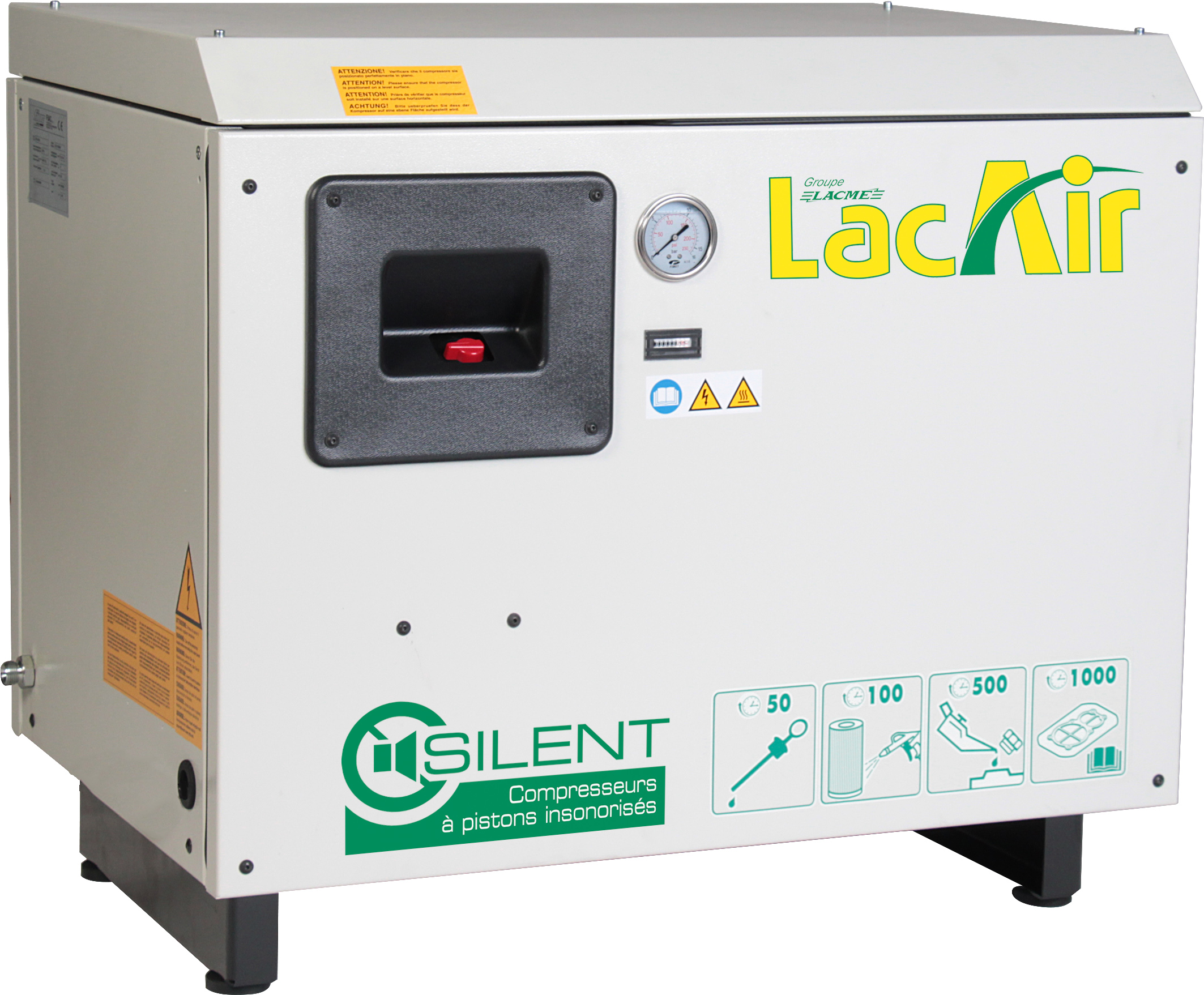 Compresseur silencieux 5,5 cv 13 bar 32,4 m³/h LACME Silent c33 d bicylindre en ligne biétagé - 464773