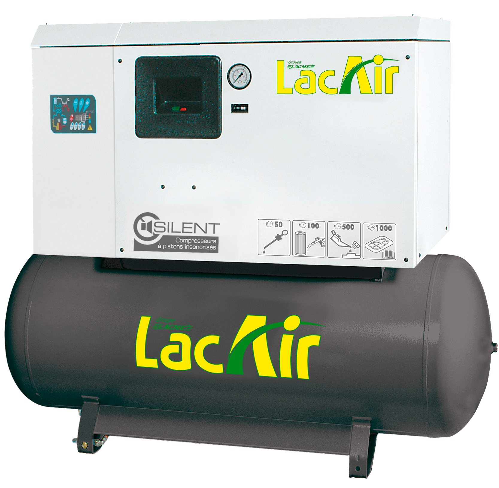 Compresseur silencieux fixe 13 bar 5,5 cv 33 m³/h LACME silent c33/270 d groupe bicylindre en ligne biétagé - 464783