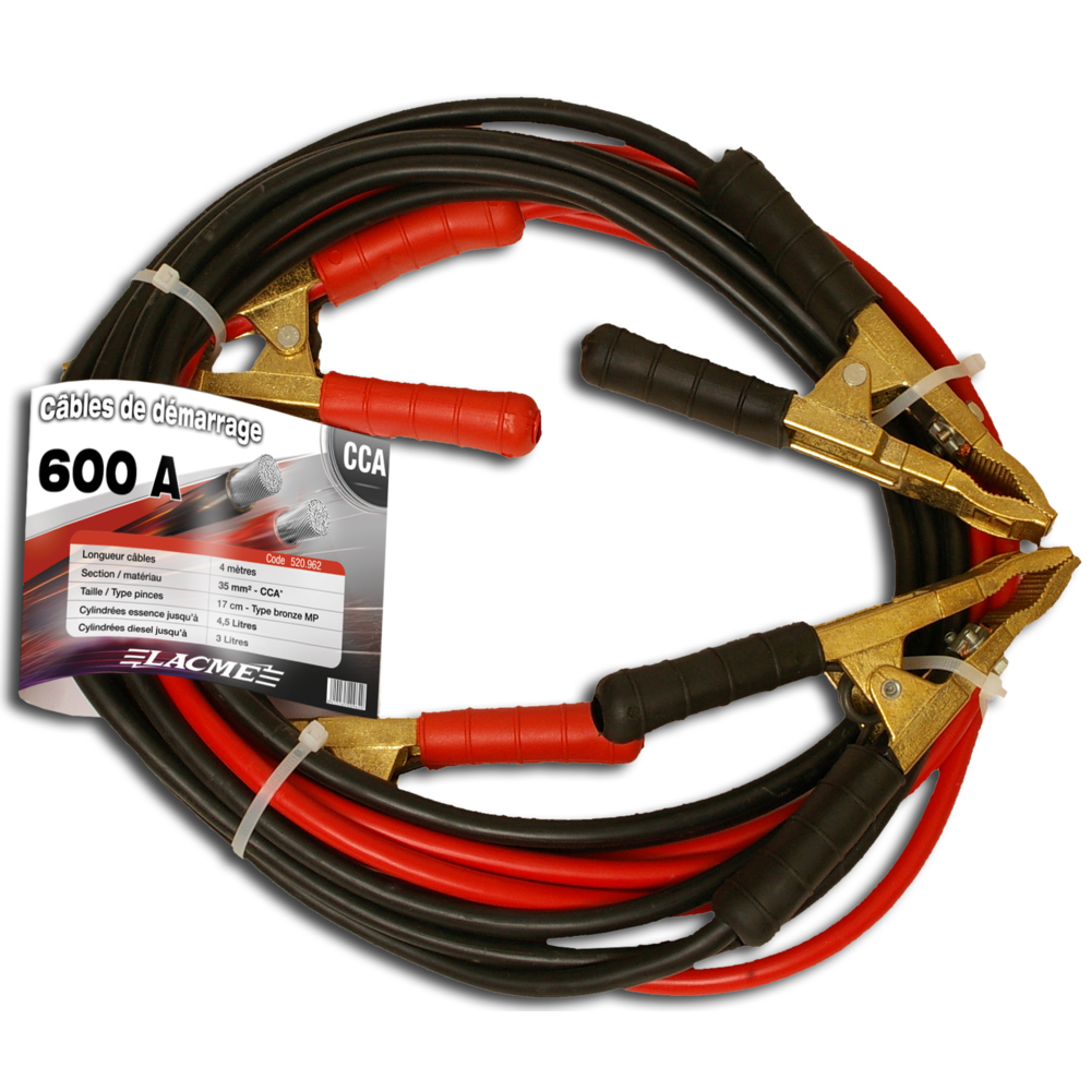 Câble de démarrage 600 a. 4 m - 35 mm² - cca.câble robuste et pinces type bronze LACME - 520962