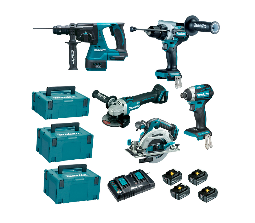 Ensemble 5 machines Makita 18V DHP486+DTD154+DHR243+DHS680+DGA506+batteries - DLX5090PTJ 