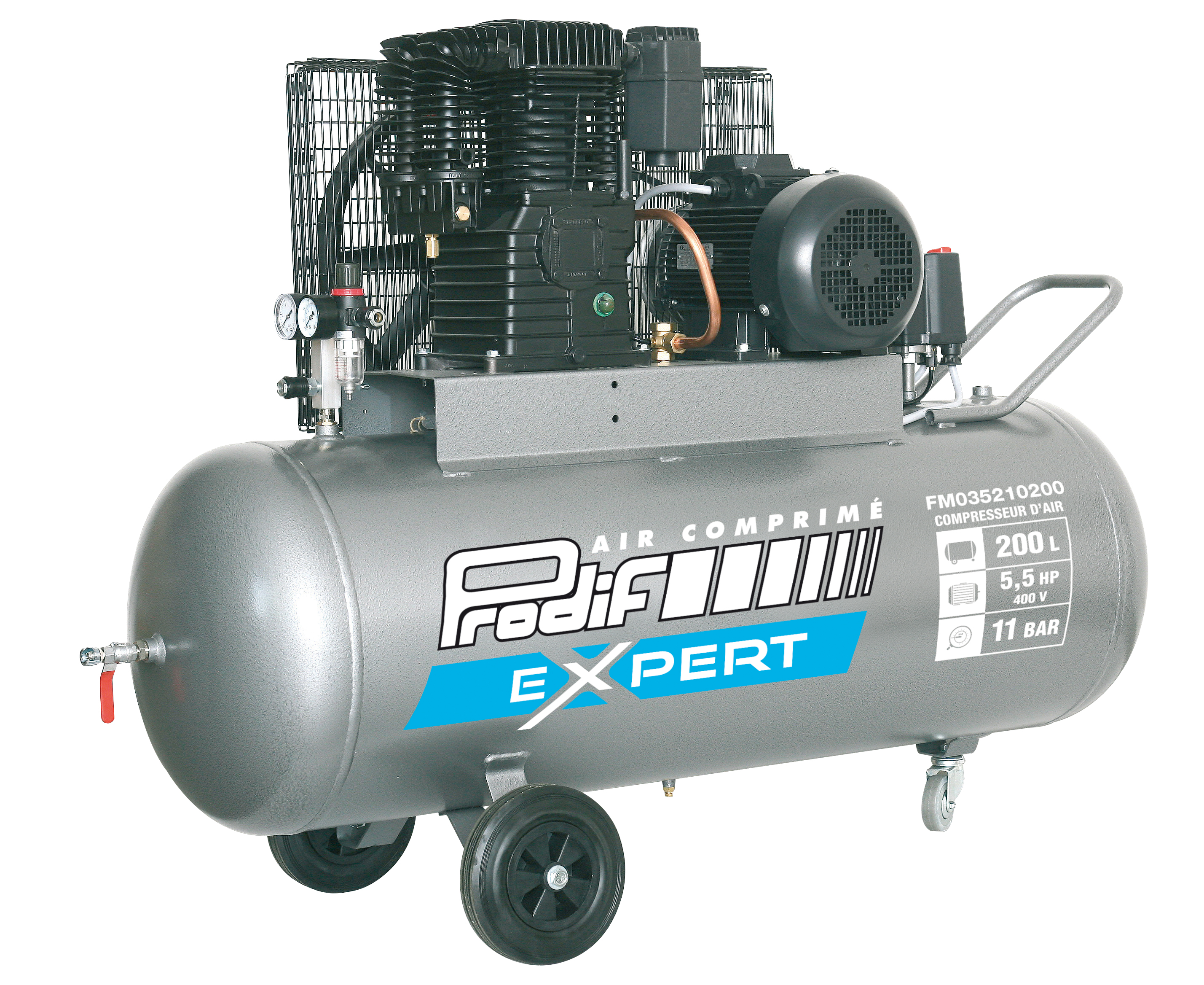 Compresseur à courroie PRODIF 200 litres 400V 5,5 CV bi-cylindre 11 bar - FM035210200