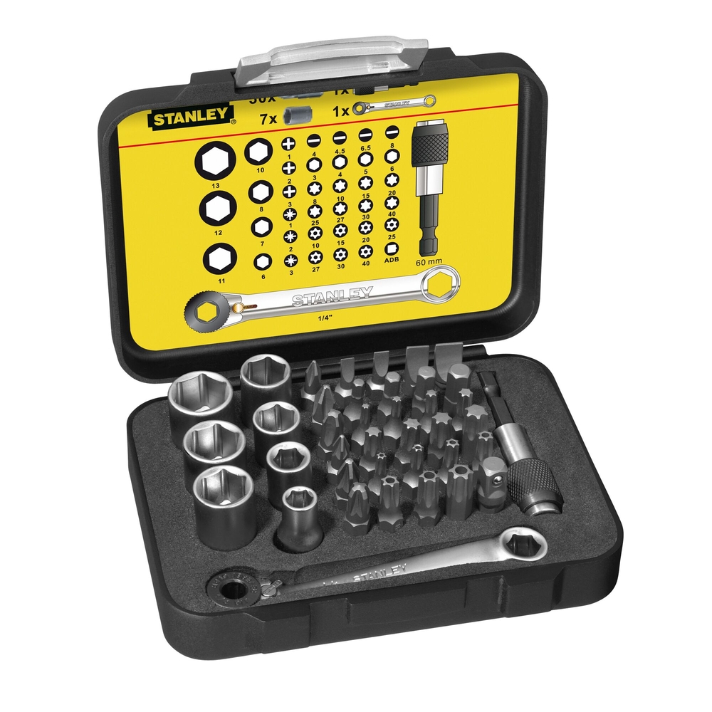 Coffret d'embouts de vissage 1/4’’ 25 mm + mini-cliquet - jeu de 39 pièces - 1-13-907 - STANLEY