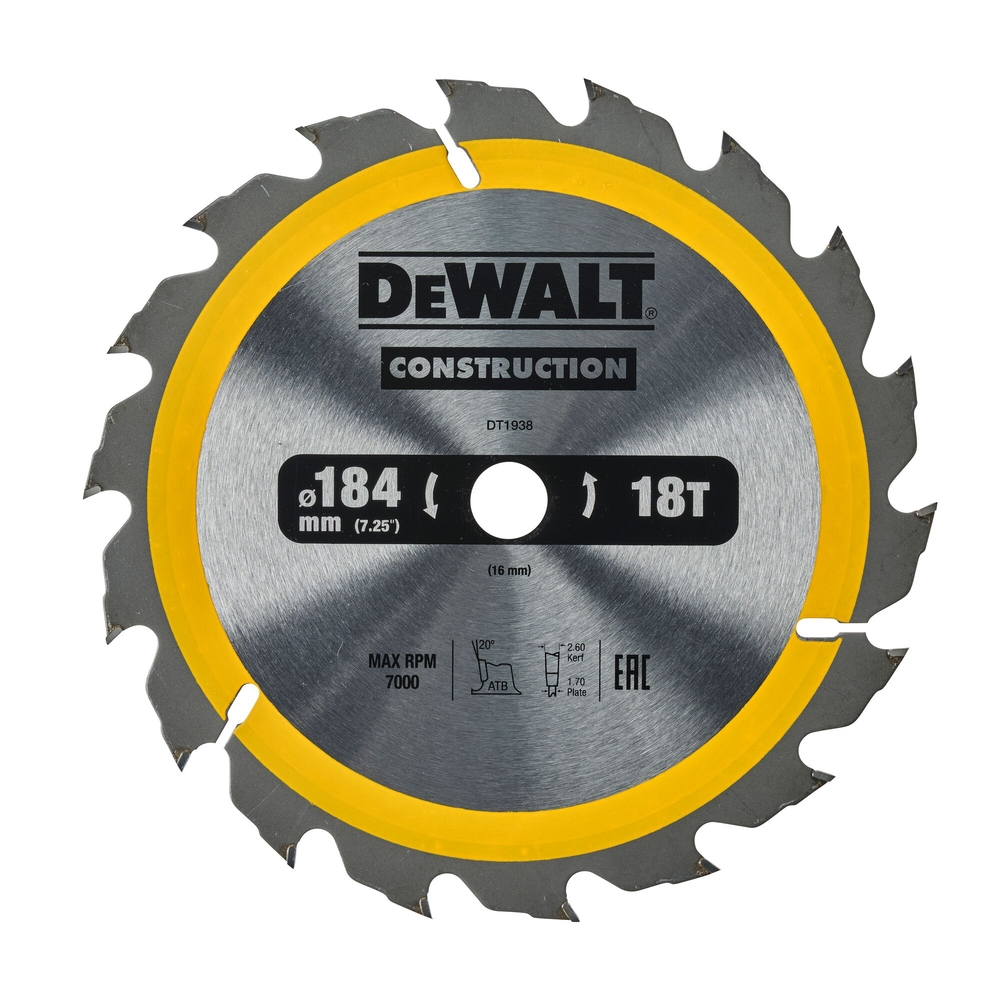 Lame de scie circulaire 184x16 mm 18 dents ATB/délignage angle d'attaque 20 - DT1938-QZ - DEWALT