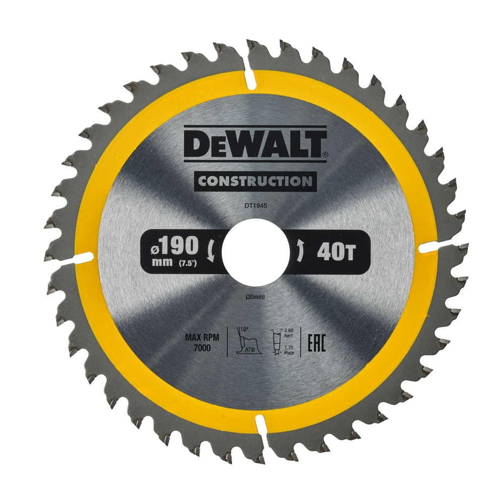 Lame de scie circulaire 190x30 mm 40 dents ATB/tronçonnage angle d'attaque 10 - DT1945-QZ - DEWALT