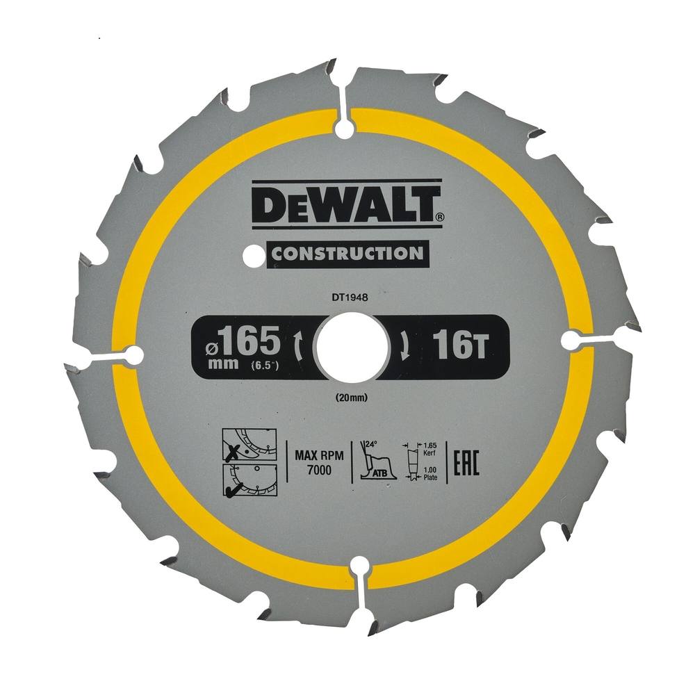 Lame de scie circulaire 165x20 mm 16 dents ATB/délignage angle d'attaque 20 - DT1948-QZ - DEWALT