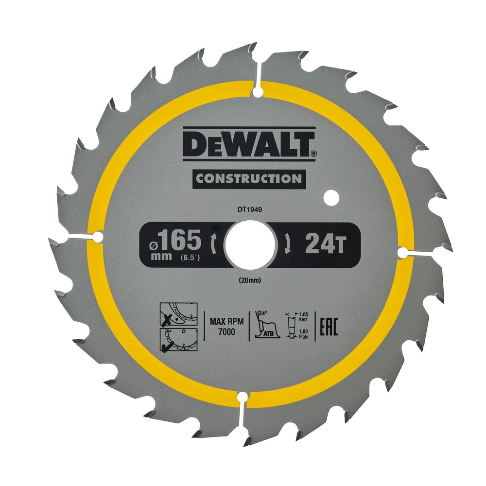 Lame de scie circulaire 165x20 mm 24 dents ATB/délignage angle d'attaque 20 - DT1949-QZ - DEWALT