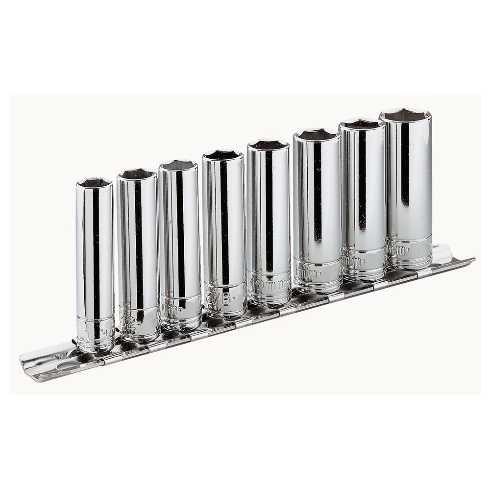 Jeux de douilles longues 6 pans métriques sur rack - 5 pièces, 1/4