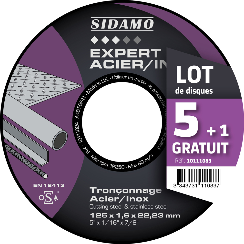 LOT DE 5 DISQUES A TRONCONNER D.125 x 1.6 x 22,23 EXPERT ACIER INOX SIDAMO 10111083
