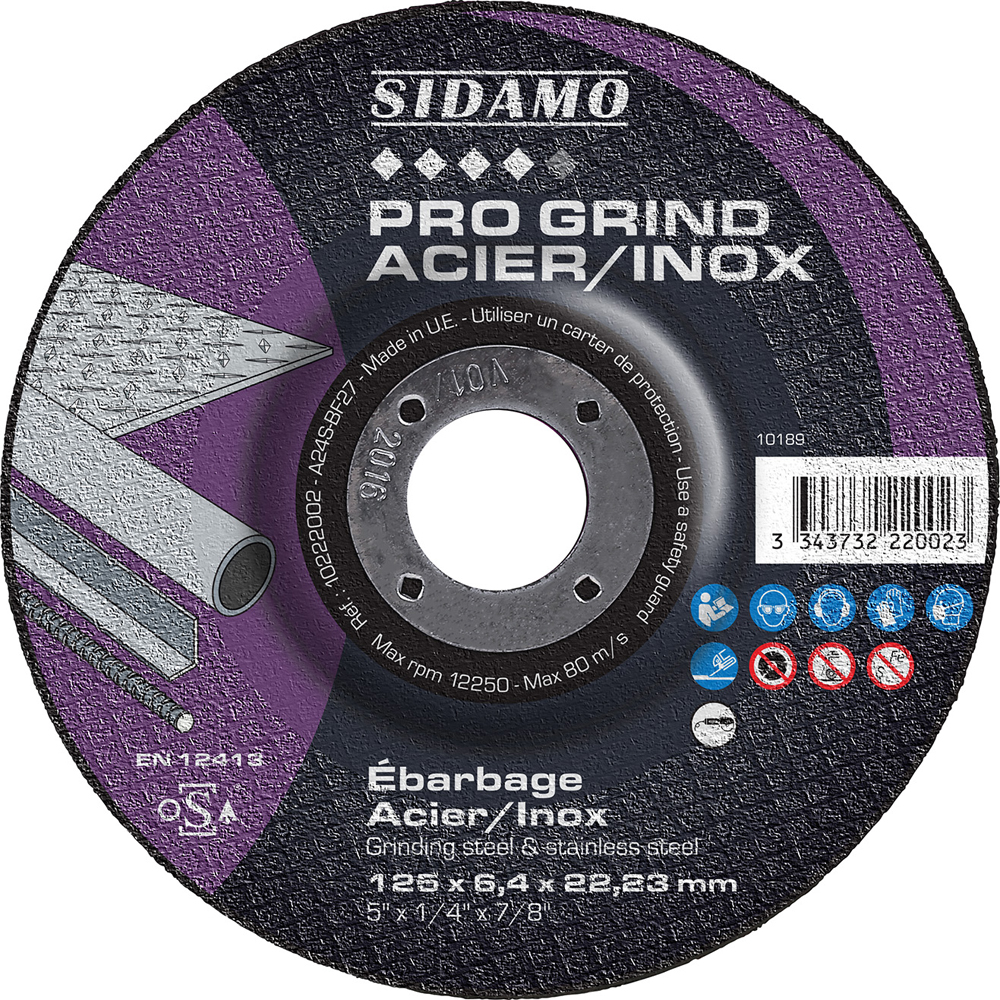Disque à ébarber PRO GRIND ACIER INOX D. 125 x 6,4 x Al. 22,23 mm - Acier, Inox - SIDAMO - 10222002