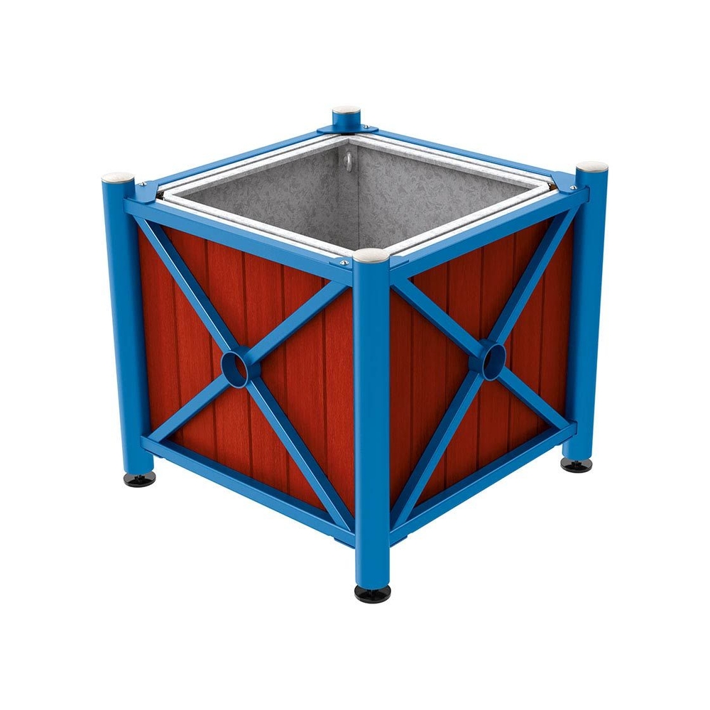 Bac à palmier acier et bois Province Inox brossé RAL5010 - lasuré acajou - 800x800x750 - Bac acier amovible anneaux inclus - PROCITY - 201569.5010.ACAJ