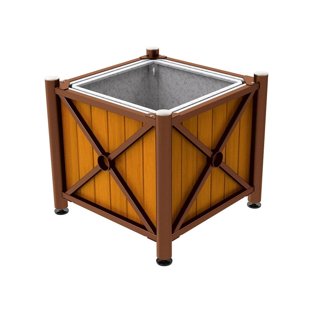 Bac à palmier acier et bois Province Inox brossé Aspect Corten - lasuré chêne clair - 800x800x750 - Bac acier amovible anneaux inclus - PROCITY - 201569.S025.CHEC