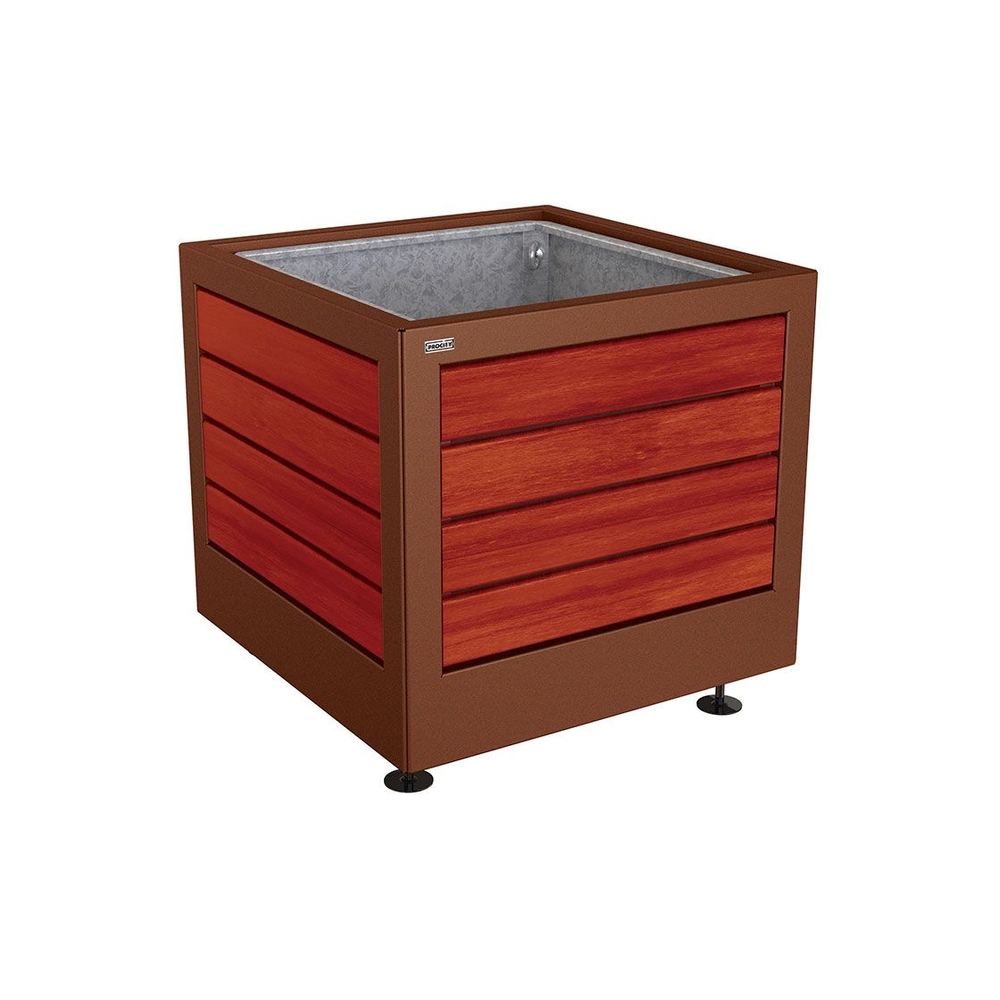 Bac à palmier Silaos acier et bois Aspect Corten - Chêne lasuré acajou - 800x800x700 - Bac acier amovible anneaux inclus - PROCITY - 201731.S025.ACAJ