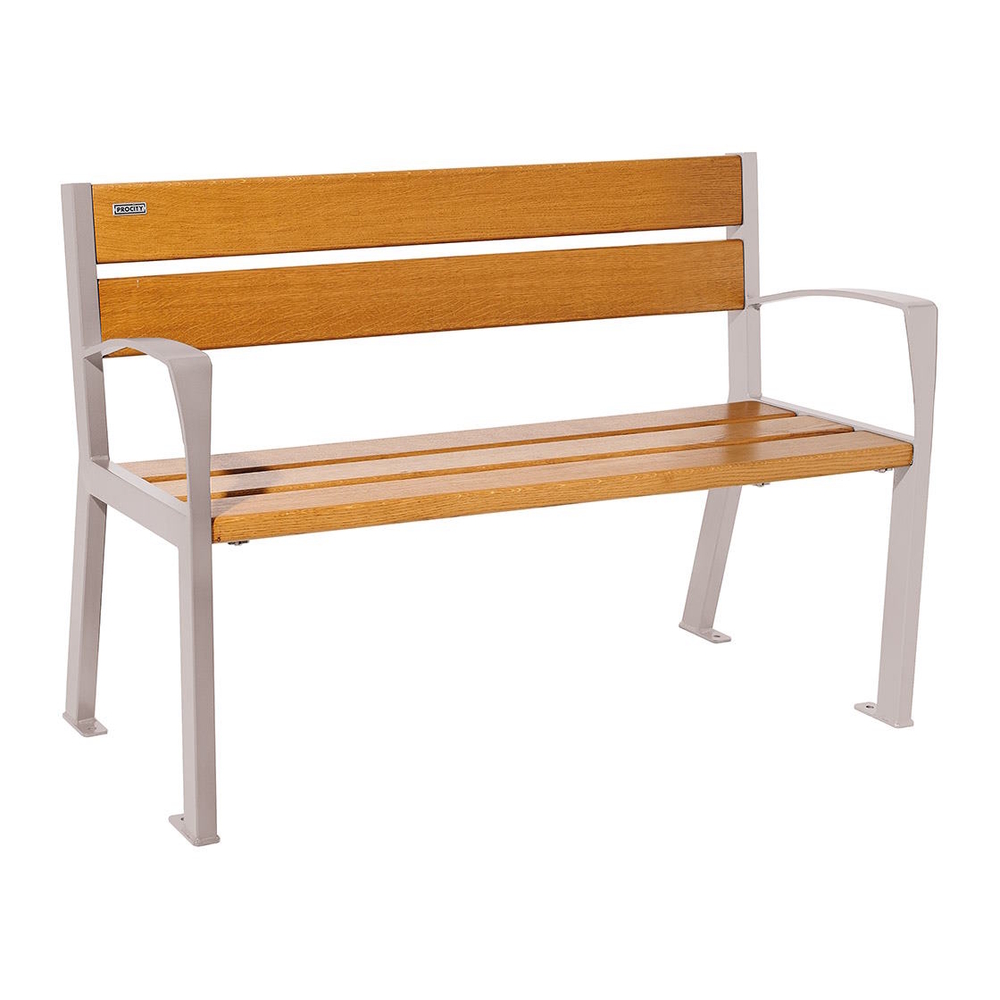 Banc bois et acier Silaos 5 lames RAL7044 - Chêne lasuré chêne clair - 1200mm - accoudoirs - PROCITY - 209511.7044.CHEC