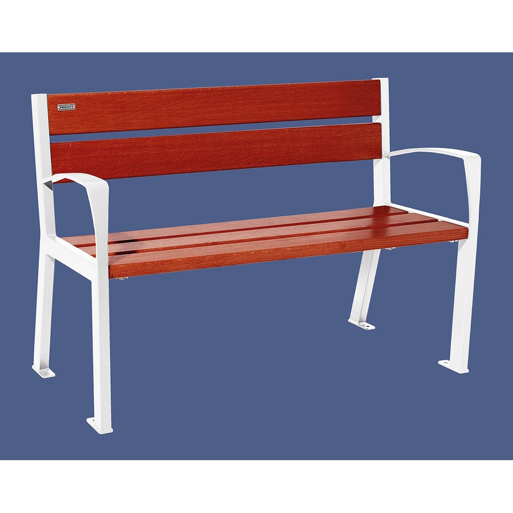 Banc bois et acier Silaos 5 lames RAL9010 - Chêne lasuré acajou - 1200mm - accoudoirs - PROCITY - 209511.9010.ACAJ