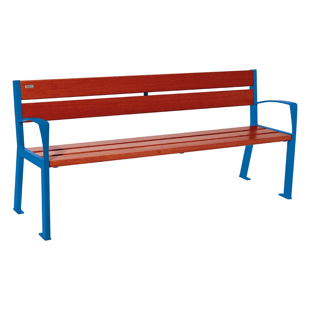 Banc bois et acier Silaos 5 lames RAL5010 - Chêne lasuré acajou - 1800mm - accoudoirs - PROCITY - 209512.5010.ACAJ