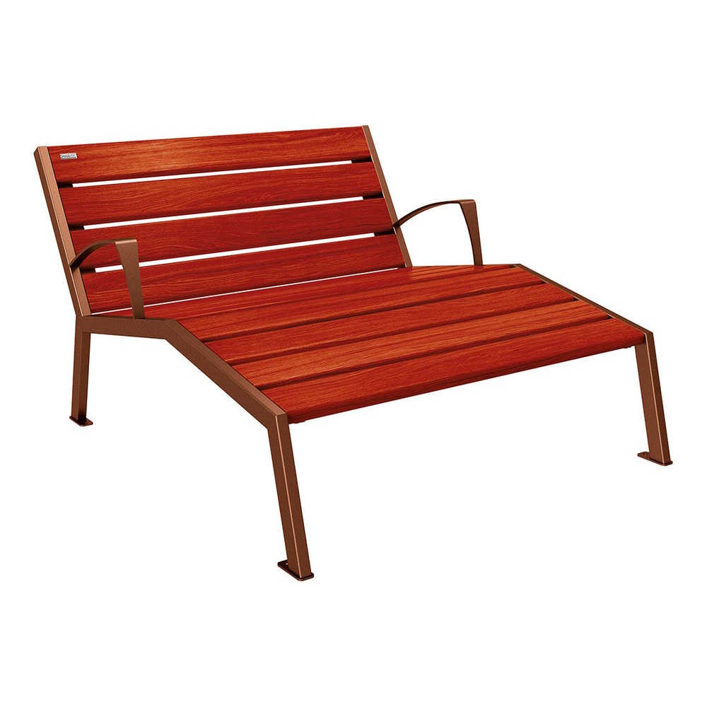Chaise longue bois et acier Silaos Aspect Corten - Chêne lasuré acajou - accoudoirs - 1200mm - 2 places - PROCITY - 209643.S025.ACAJ