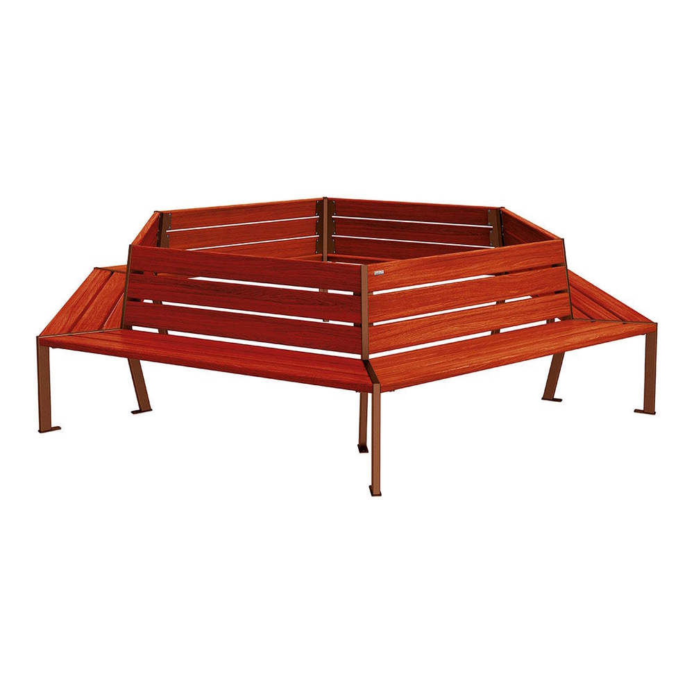 Banc tour d'arbre Silaos Aspect Corten - Chêne lasuré acajou - 2000mm Øintérieur - PROCITY - 209649.S025.ACAJ
