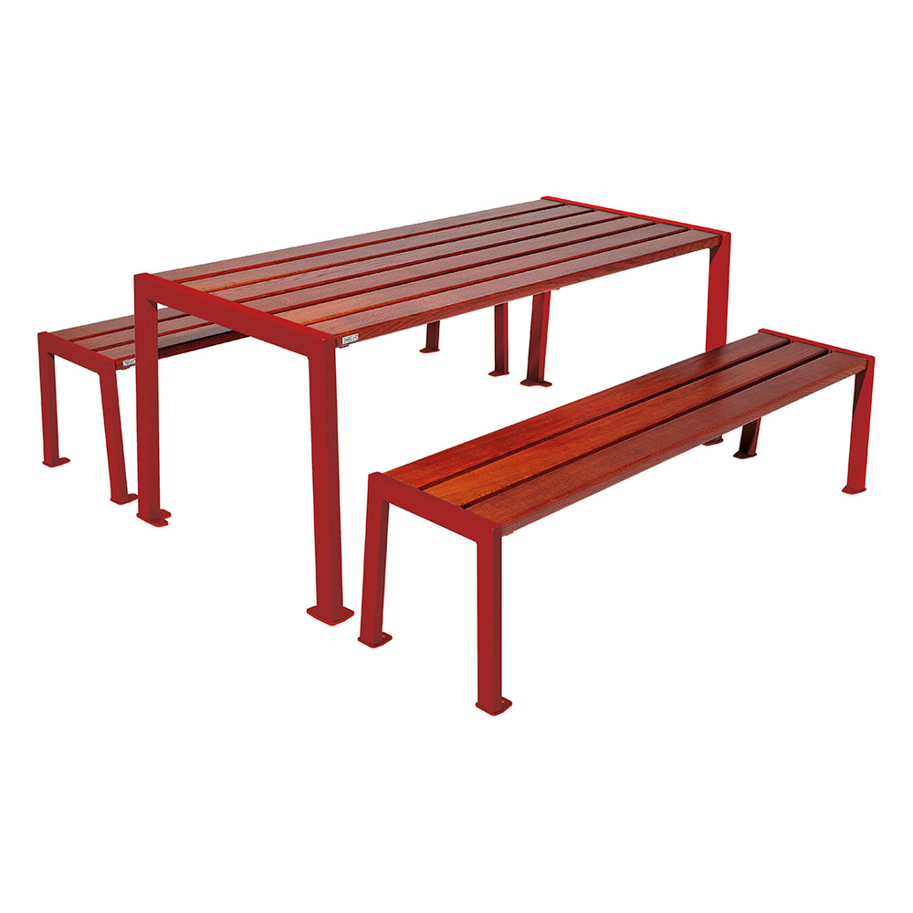 Table de pique-nique Silaos acier et bois RAL3004 - Chêne lasuré acajou - Table + 2 banquettes - PROCITY - 209650.3004.ACAJ