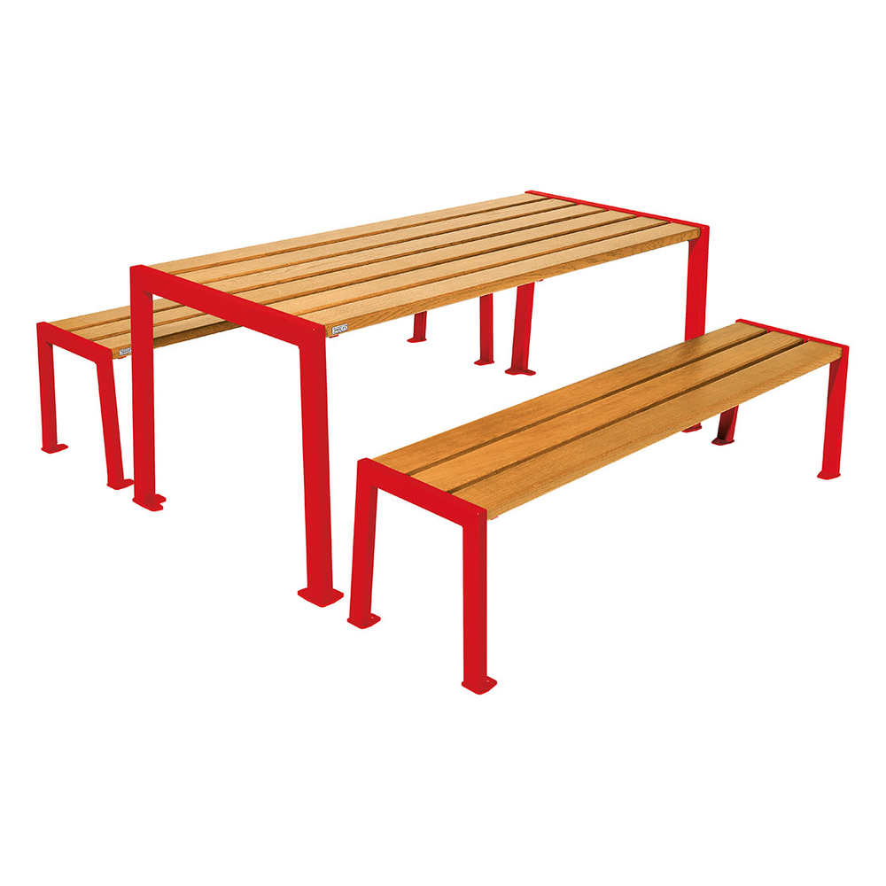 Table de pique-nique Silaos acier et bois RAL3020 - Chêne lasuré chêne clair - Table + 2 banquettes - PROCITY - 209650.3020.CHEC