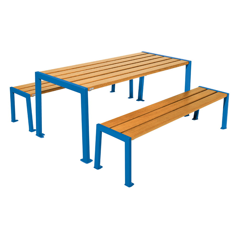 Table de pique-nique Silaos acier et bois RAL5010 - Chêne lasuré chêne clair - Table + 2 banquettes - PROCITY - 209650.5010.CHEC