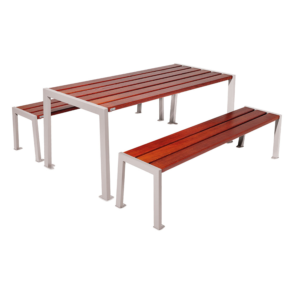 Table de pique-nique Silaos acier et bois RAL7044 - Chêne lasuré acajou - Table + 2 banquettes - PROCITY - 209650.7044.ACAJ